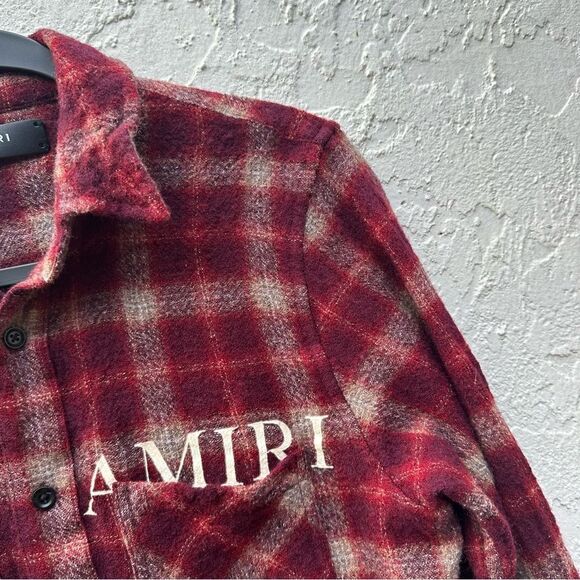 AMIRI Shirt Men Small Button Down Wool Flannel Cherub Plaid Burgundy Fall Logo - Picture 5 of 11